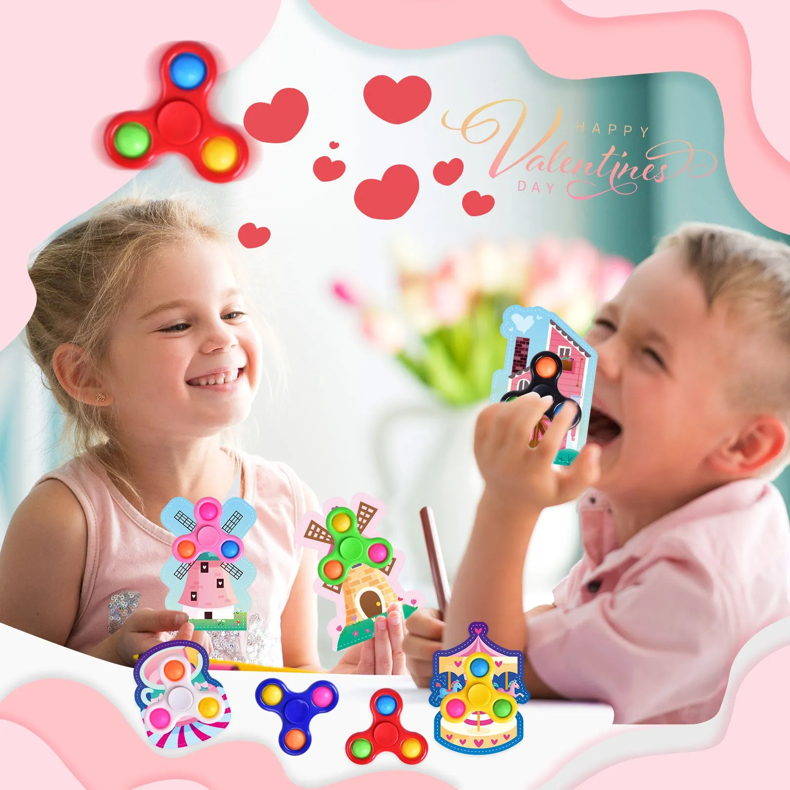 32PCS Assorted Fidget Spinner Stress-Relief Toys with Valentine Cards