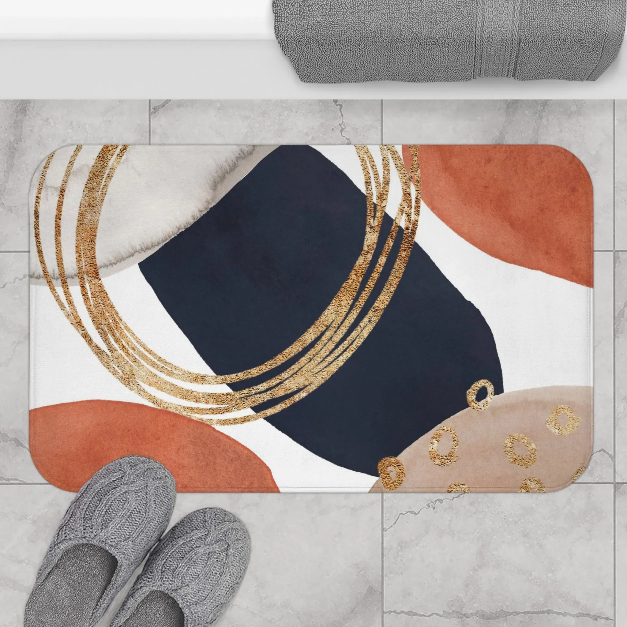 Abstract Bath Mat | Navy Blue, Burnt Orange, Gold