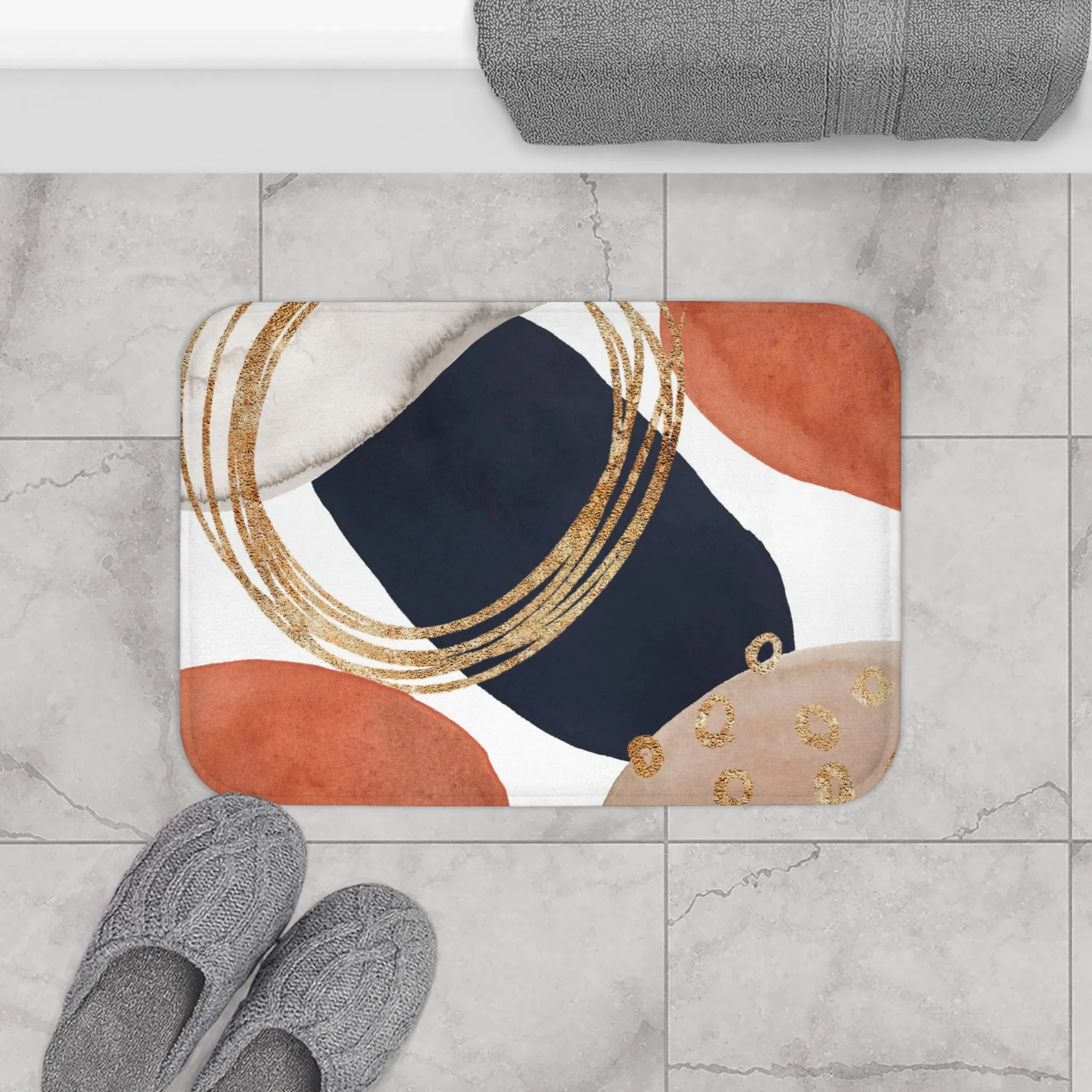 Abstract Bath Mat | Navy Blue, Burnt Orange, Gold
