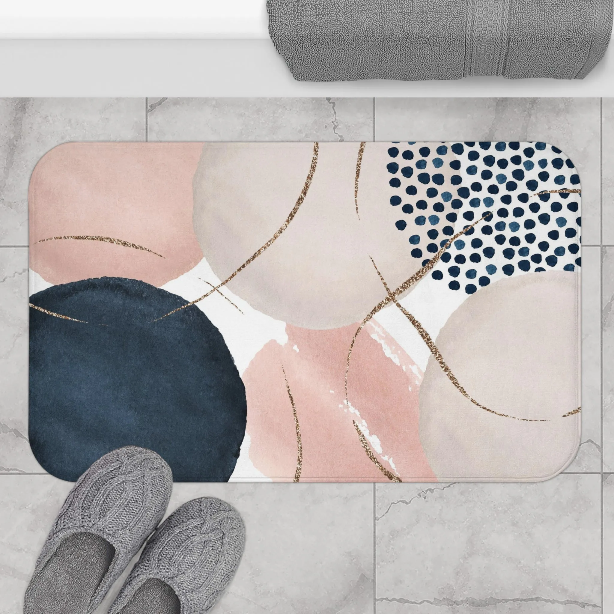 Abstract Bath Mat | Watercolor Navy Blue, Blush Pink