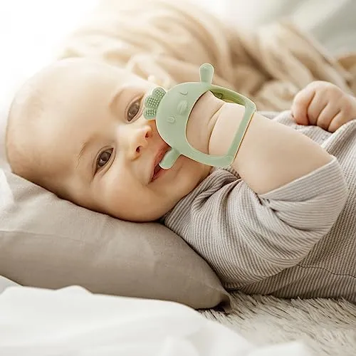 AIXMEET Silicone Baby Teething Toys, chick Baby Teether Toy for 3  Months, Baby Chew Toys for Sucking Needs, Never Drop Baby Mitten Teether for Soothing Teething Pain Relief, Easy Clean (Green)