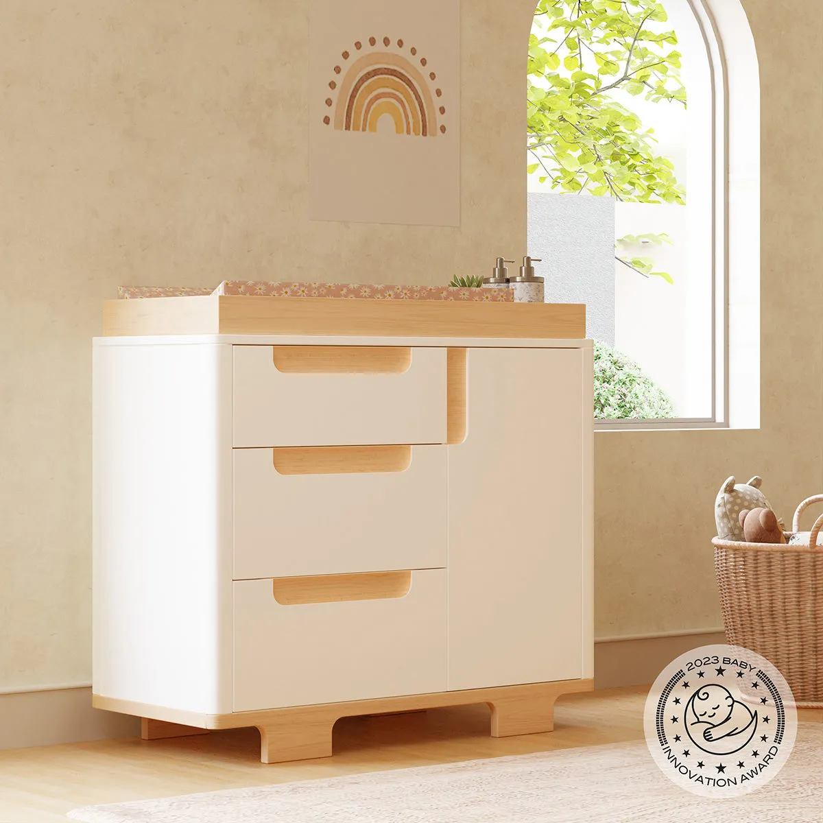 Babyletto Yuzu 3-Drawer Changer Dresser, KD w/Removable Changing Tray - White / Natural