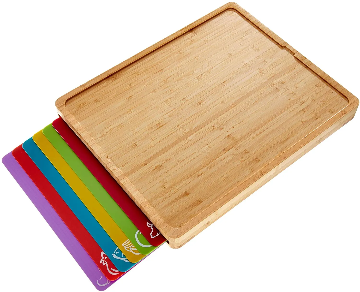 Easy-to-Clean Bamboo Wood Cutting Board with set of 6 Color-Coded Flexible Cutting Mats with Food Icons