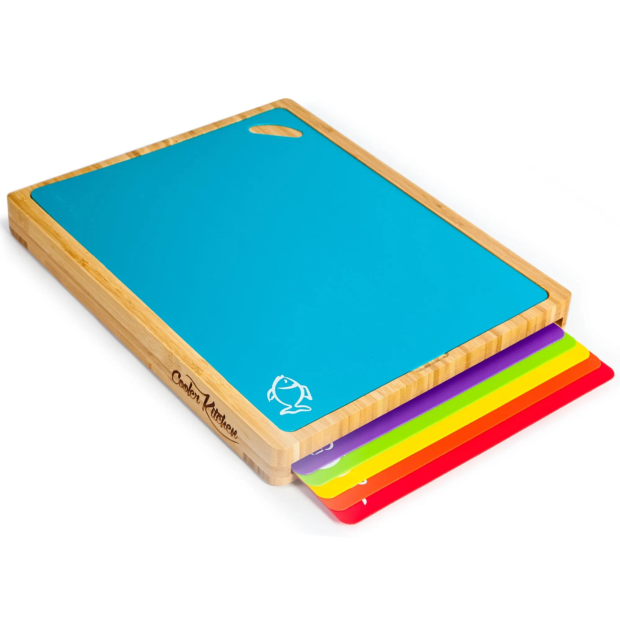 Easy-to-Clean Bamboo Wood Cutting Board with set of 6 Color-Coded Flexible Cutting Mats with Food Icons