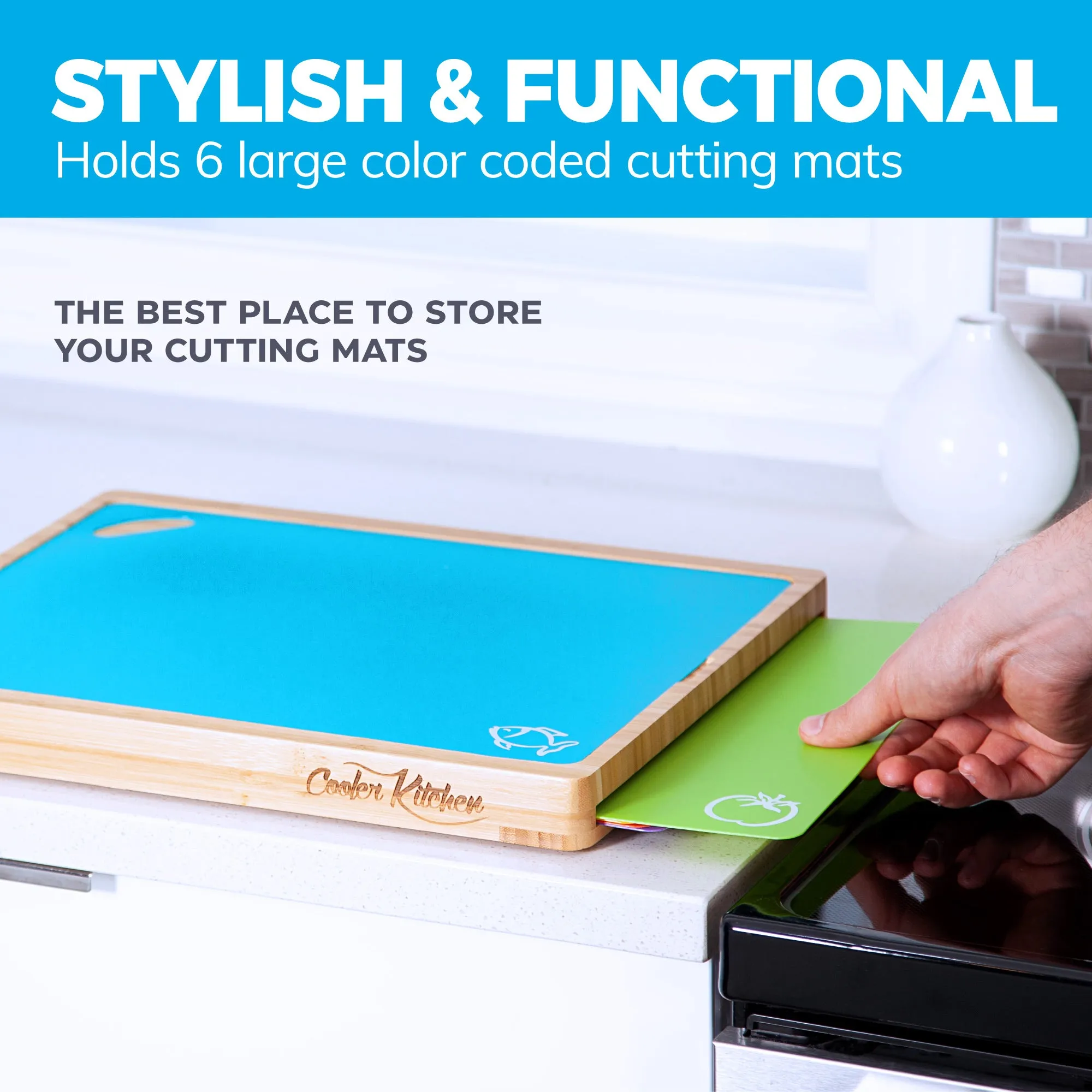 Easy-to-Clean Bamboo Wood Cutting Board with set of 6 Color-Coded Flexible Cutting Mats with Food Icons