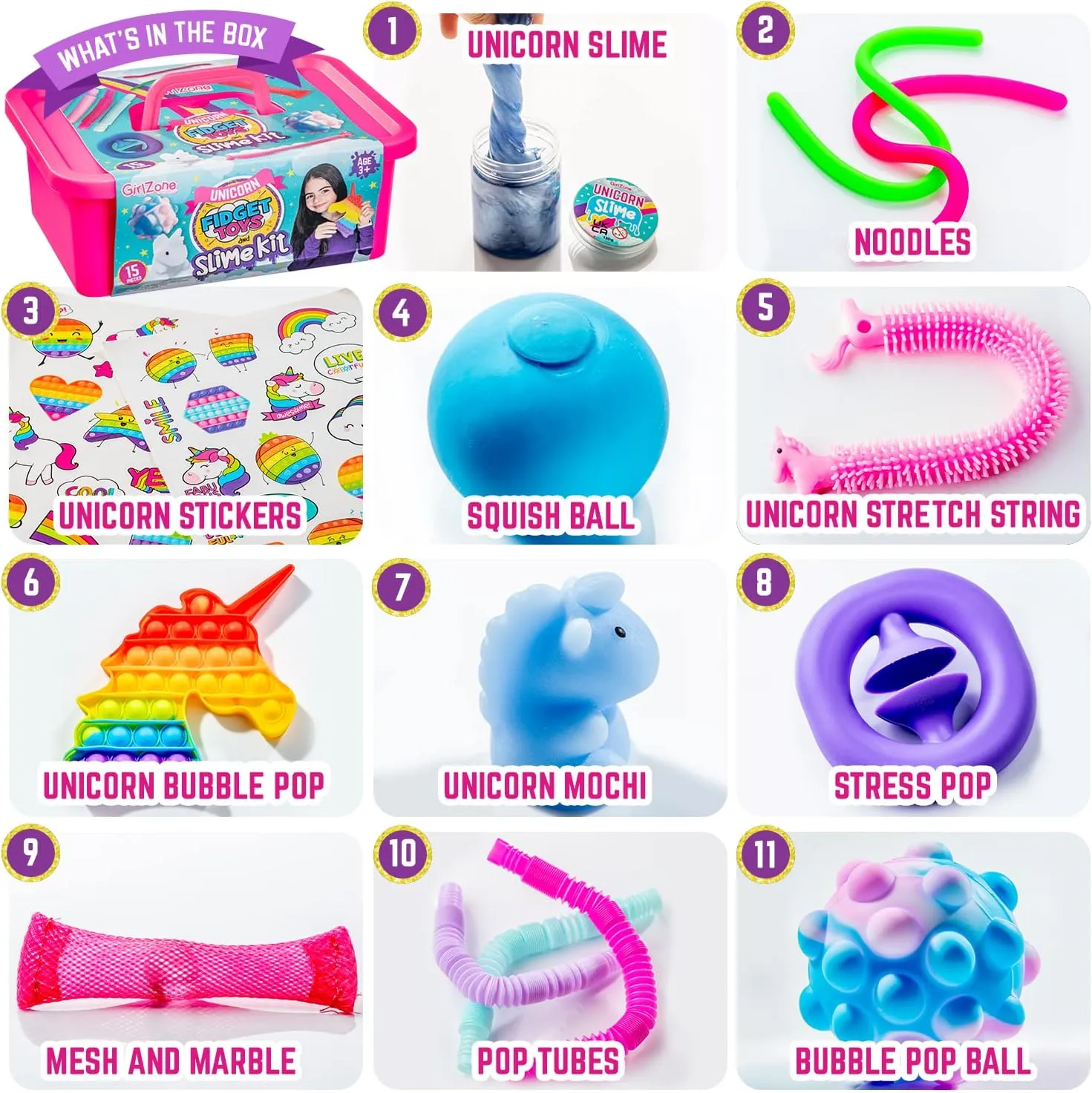 GirlZone Box of 15 Fidgets including Slime