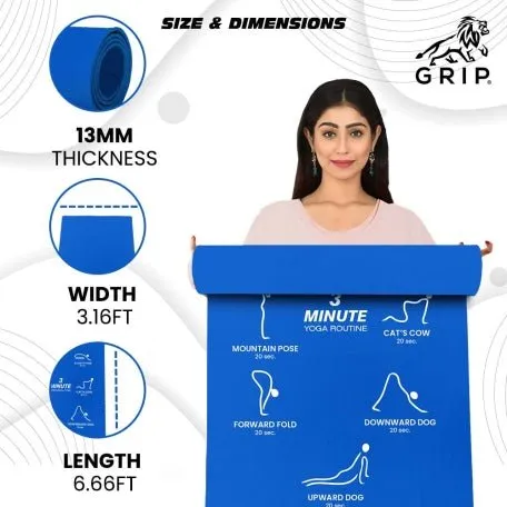 Grip Extra Large 38 Inches X 80 Inches, 13MM Thickness, Blue Color, Chakra With Alignment Design Yoga Mats For Men & Women