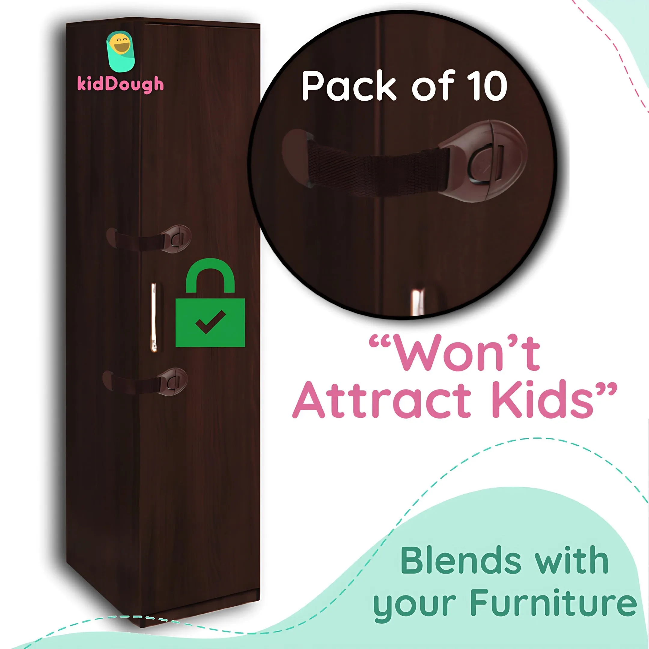 KidDough Furniture Safety Locks for Kids- Pack of 10 Brown Locks