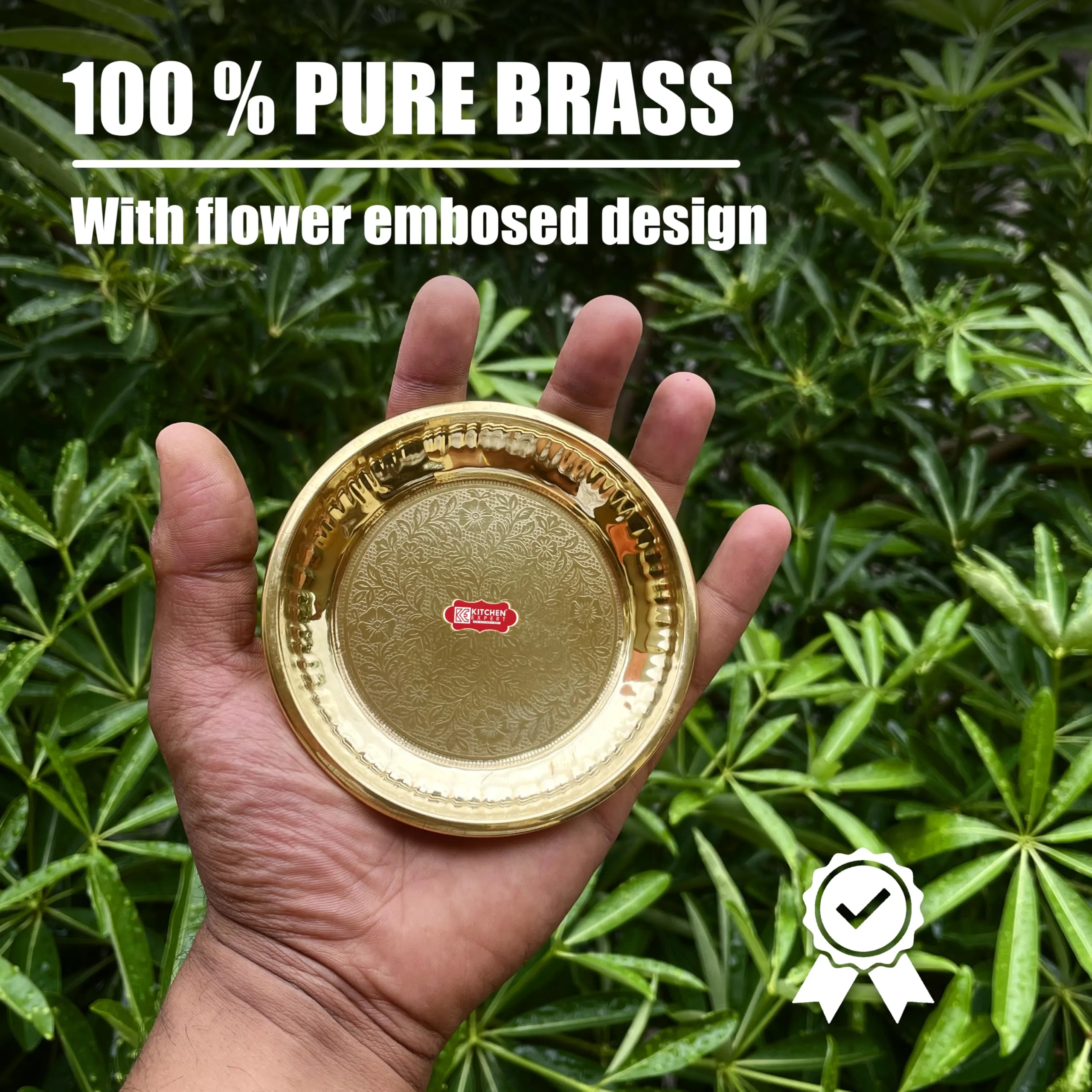 Kitchen Expert Small Brass Plate | 10cm|Pooja Thali | Engraved Flower Design | Ideal for Puja/Prasad/Dia | Mandir Plate | Handcrafted Dia Plate