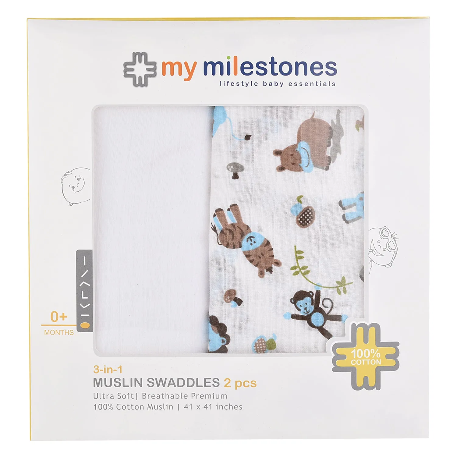 Muslin Swaddle - 2Pc Set - Zoo Blue