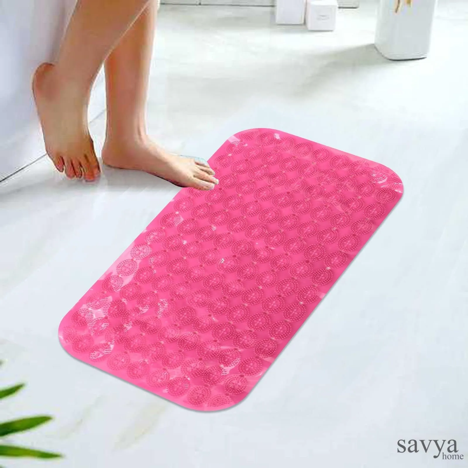 Savya Home Anti Skid Bath Mat for Bathroom, Mat for Kitchen, Mat for Shower area, Bathtub Mats| PVC Bath Mat with Suction Cup, Machine Washable Floor Mat (67x37 cm) (Pink)