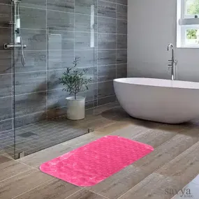 Savya Home Anti Skid Bath Mat for Bathroom, Mat for Kitchen, Mat for Shower area, Bathtub Mats| PVC Bath Mat with Suction Cup, Machine Washable Floor Mat (67x37 cm) (Pink)