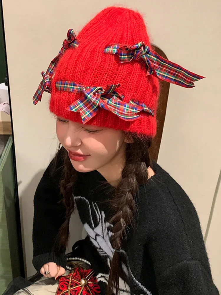 Sohiwoo Mohair Knitted Beanies Hats For Women Bow Ear Protection Skullies Cap Winter Warm Beanies Hat Famela Cover Head Cold Caps Bonnet