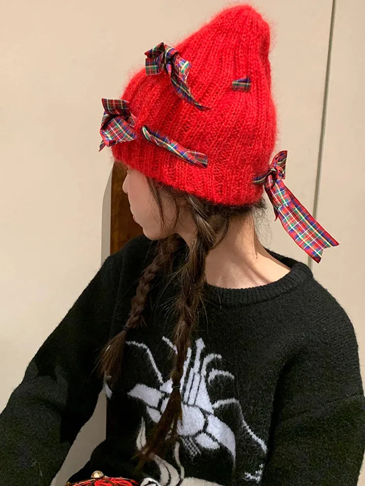 Sohiwoo Mohair Knitted Beanies Hats For Women Bow Ear Protection Skullies Cap Winter Warm Beanies Hat Famela Cover Head Cold Caps Bonnet