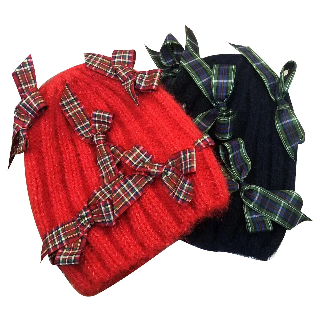 Sohiwoo Mohair Knitted Beanies Hats For Women Bow Ear Protection Skullies Cap Winter Warm Beanies Hat Famela Cover Head Cold Caps Bonnet