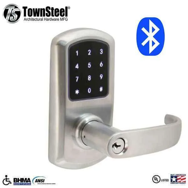 TownSteel - e-Elite 5010 - Electronic Push Button Lever Set - Bluetooth - Optional Backset - Rigid Lever Set - Satin Chrome  - Key Override - Grade 1