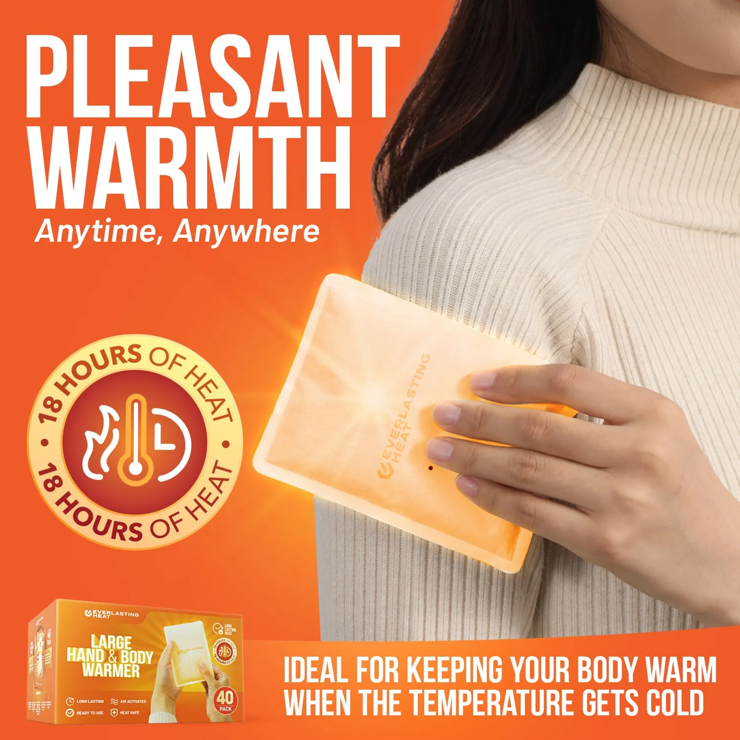 XL Hand Warmers & Body Warmers 40 Pairs - Up to 18 Hours of Long Lasting Warmth and Hot Hands - Easy Air Activation for Hands, Body and Feet - TSA Approved